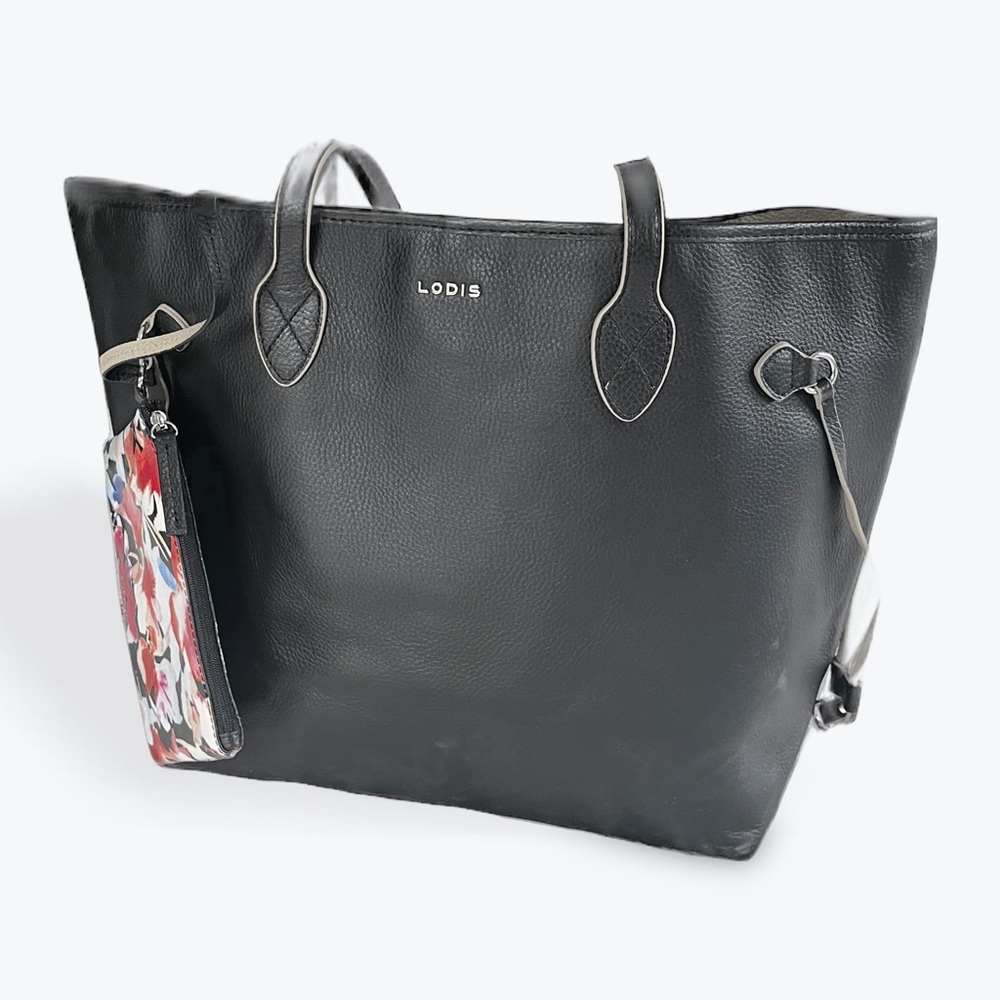 Lodis Black Leather Tote with Floral Accent Zip Pouch